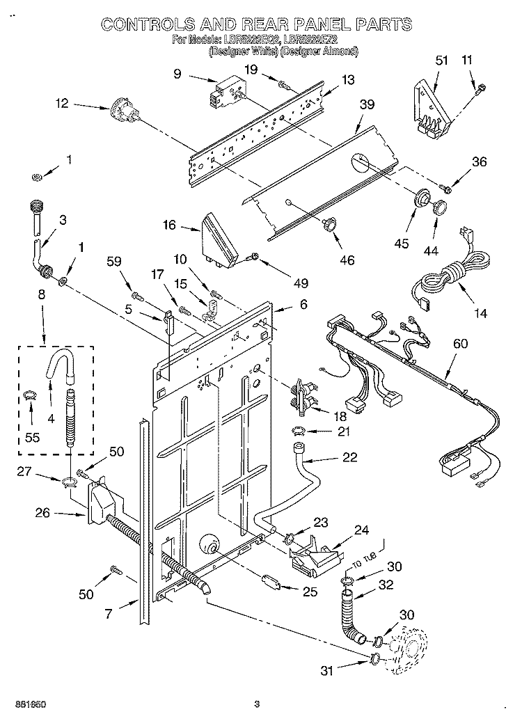 CONTROLS AND REAR PANEL Diagram and Parts List for LBR5232EQ2  Whirlpool Washer