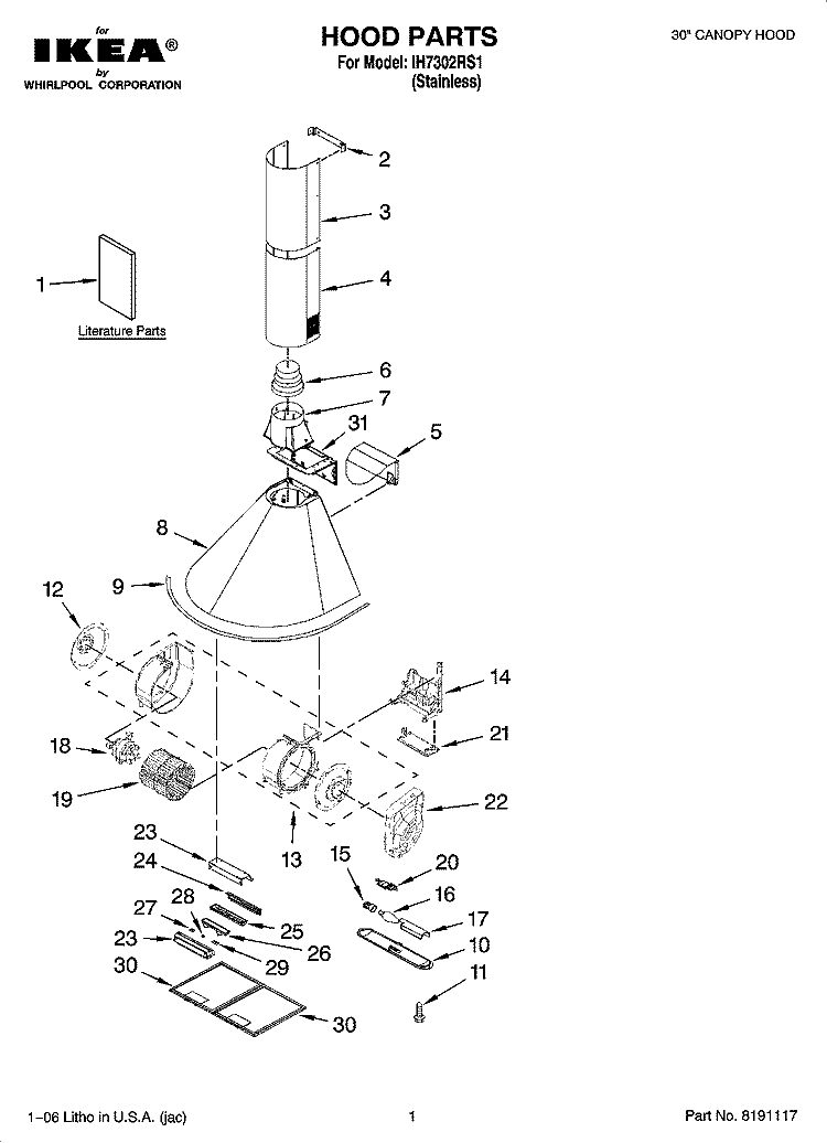 HOOD PARTS Diagram and Parts List for IH7302RS1  Whirlpool Range Hood