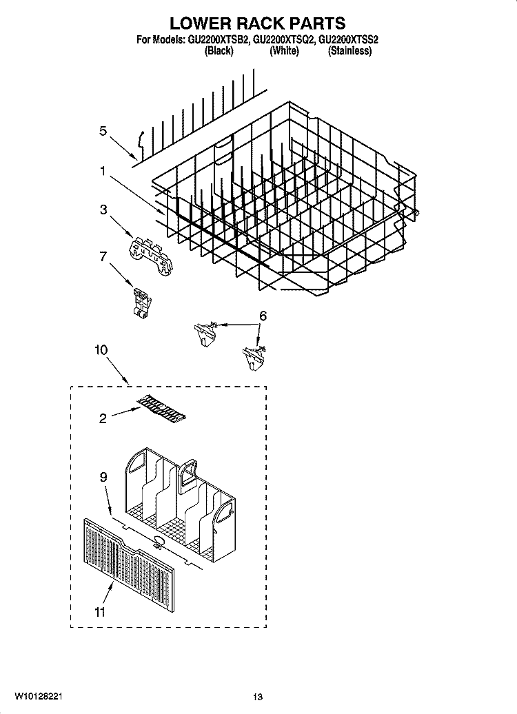 LOWER RACK PARTS, OPTIONAL PARTS (NOT INCLUDED) Diagram and Parts List for GU2200XTSQ2  Whirlpool Dishwasher