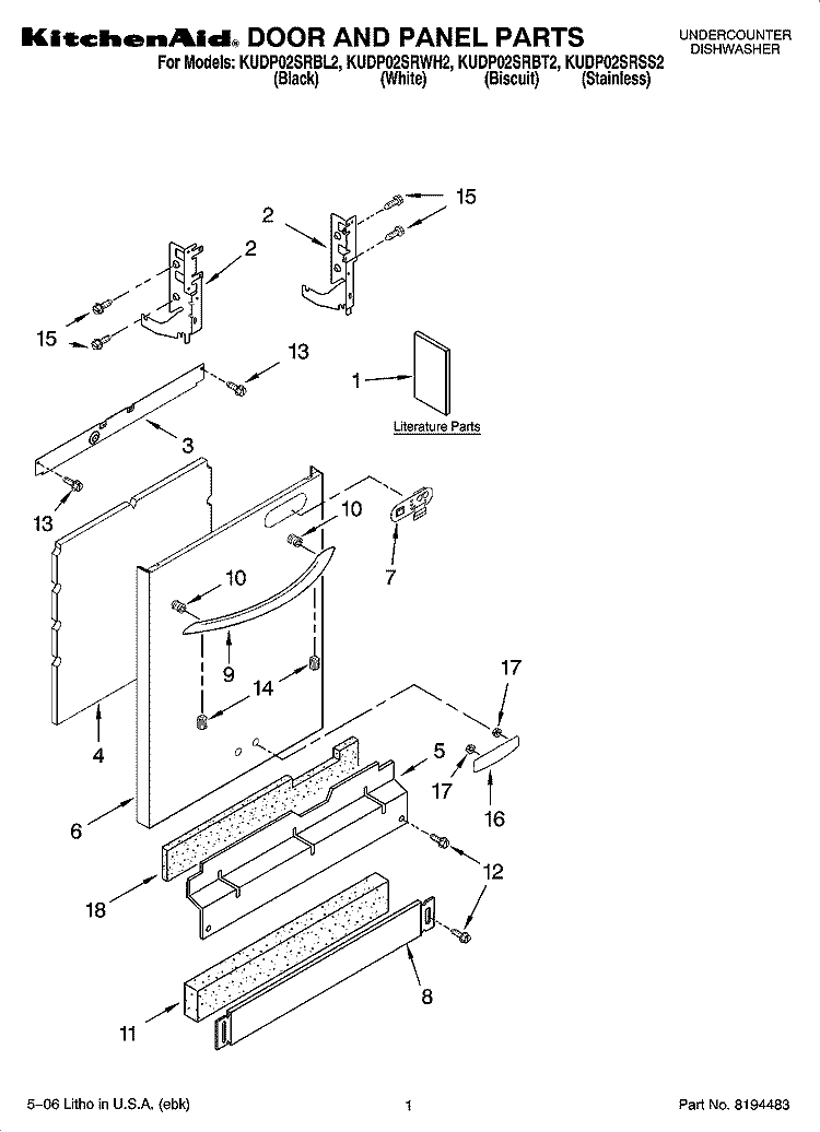 DOOR AND PANEL PARTS Diagram and Parts List for KUDP02SRSS2  KitchenAid Dishwasher