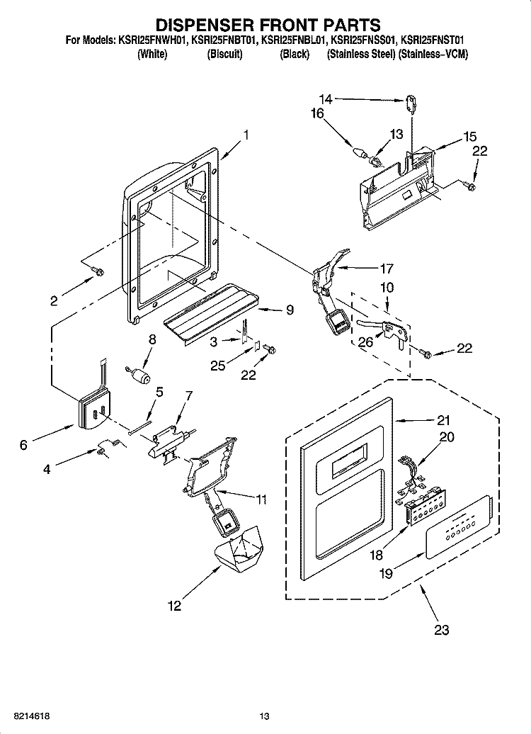 DISPENSER FRONT PARTS Diagram and Parts List for KSRI25FNSS01  KitchenAid Refrigerator