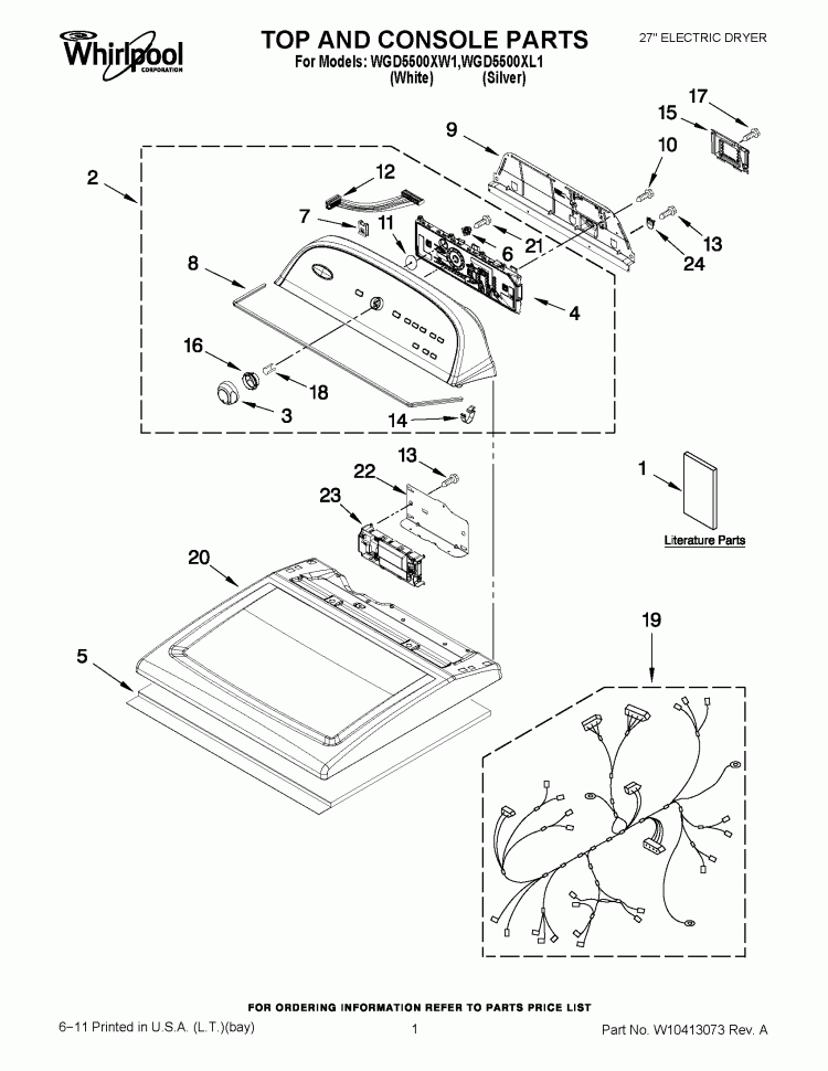 TOP AND CONSOLE PARTS Diagram and Parts List for WGD5500XL1  Whirlpool Dryer
