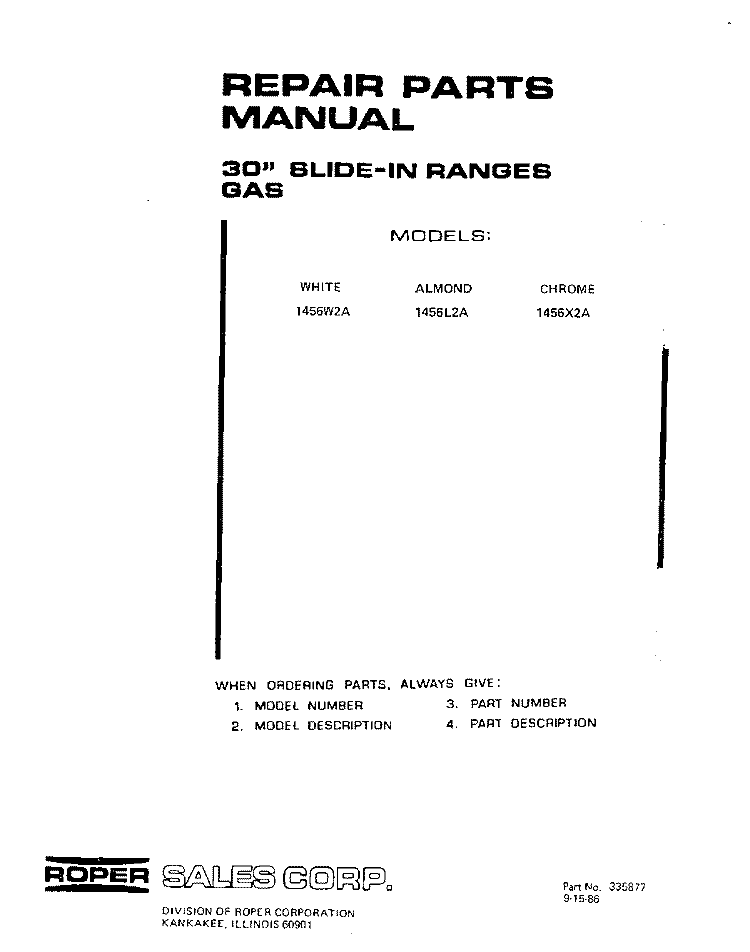 TOP BURNER Diagram and Parts List for 1456W2A  Roper Range