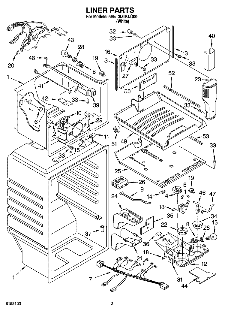 LINER PARTS Diagram and Parts List for 5VET3DTKLQ00  Whirlpool Refrigerator