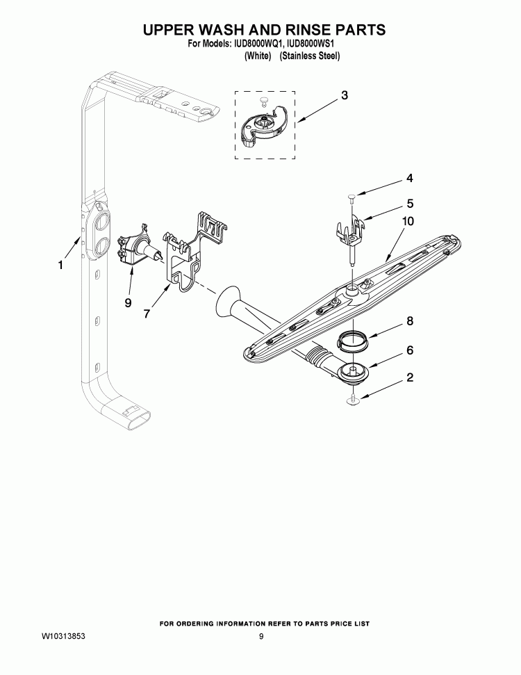 UPPER WASH AND RINSE PARTS Diagram and Parts List for IUD8000WS1  Whirlpool Dishwasher