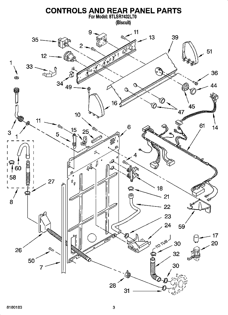 CONTROLS AND REAR PANEL PARTS Diagram and Parts List for 8TLSR7432LT0  Whirlpool Washer