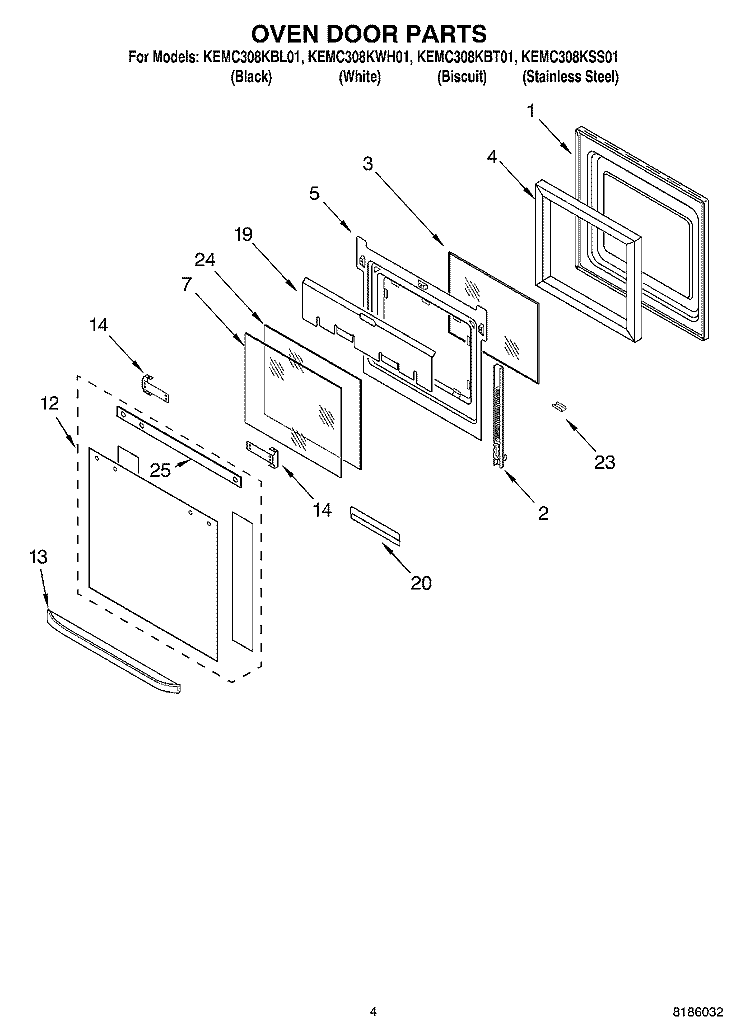 OVEN DOOR PARTS Diagram and Parts List for KEMC308KSS01  KitchenAid Microwave Oven Combo