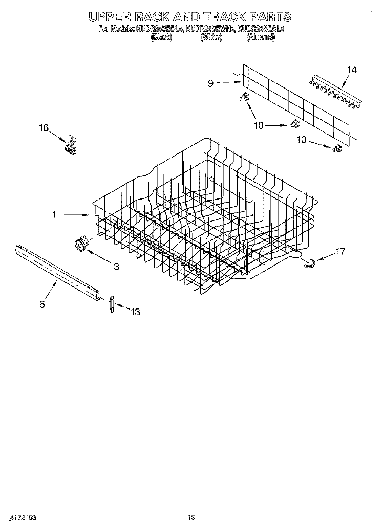 UPPER RACK AND TRACK Diagram and Parts List for KUDR24SEWH4  KitchenAid Dishwasher