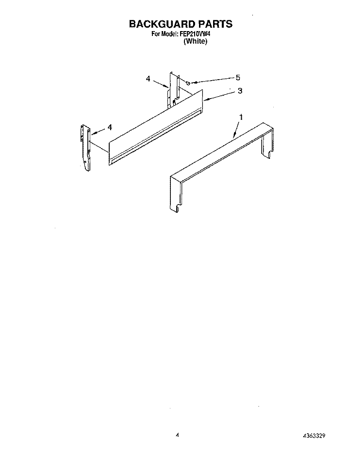 BACKGUARD Diagram and Parts List for FEP210VW4  Roper Range