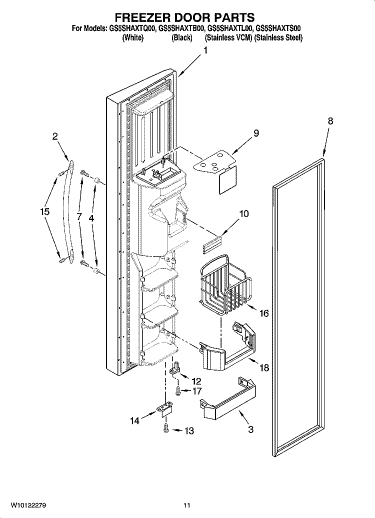FREEZER DOOR PARTS Diagram and Parts List for GS5SHAXTB00  Whirlpool Refrigerator