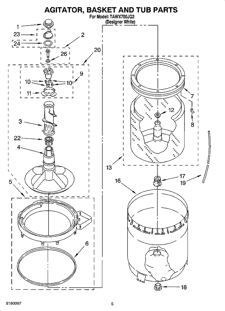 AGITATOR, BASKET AND TUB PARTS Diagram and Parts List for TAWX700JQ2  Estate Washer