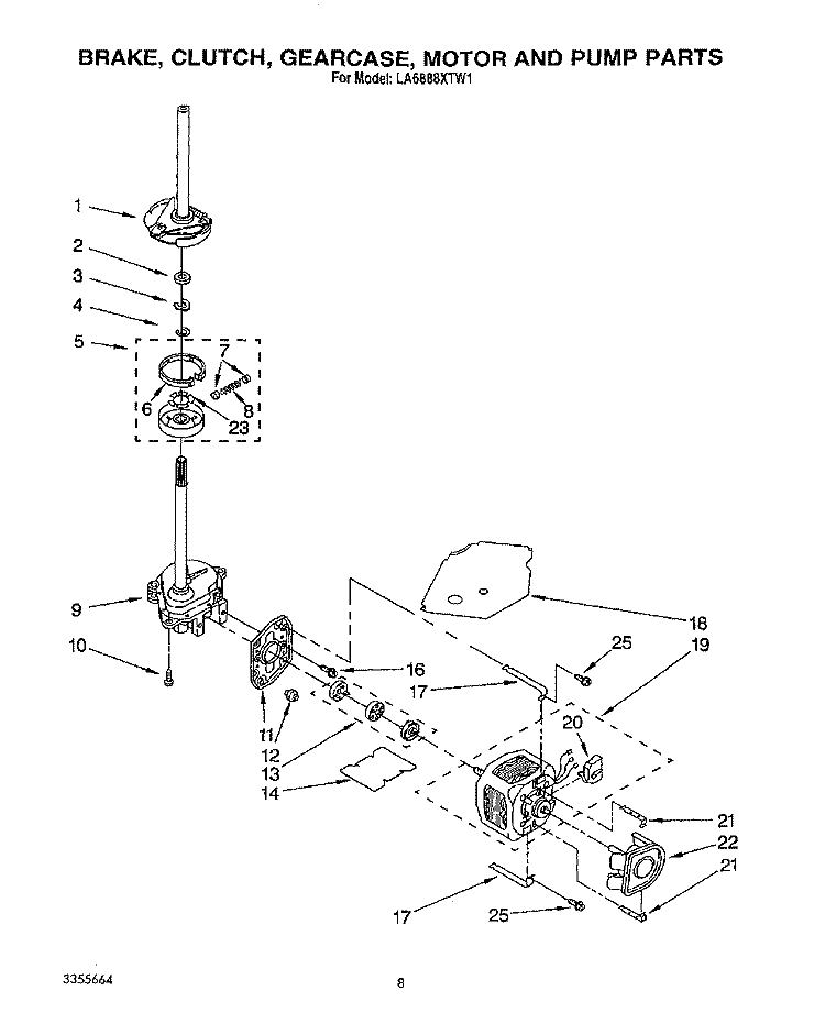 BRAKE, CLUTCH, GEARCASE, MOTOR AND PUMP Diagram and Parts List for LA6888XTG1  Whirlpool Washer