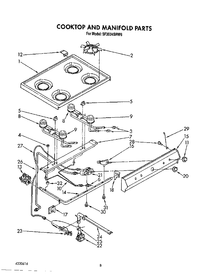 COOKTOP AND MANIFOLD, LIT/OPTIONAL Diagram and Parts List for SF3004SRW6  Whirlpool Range