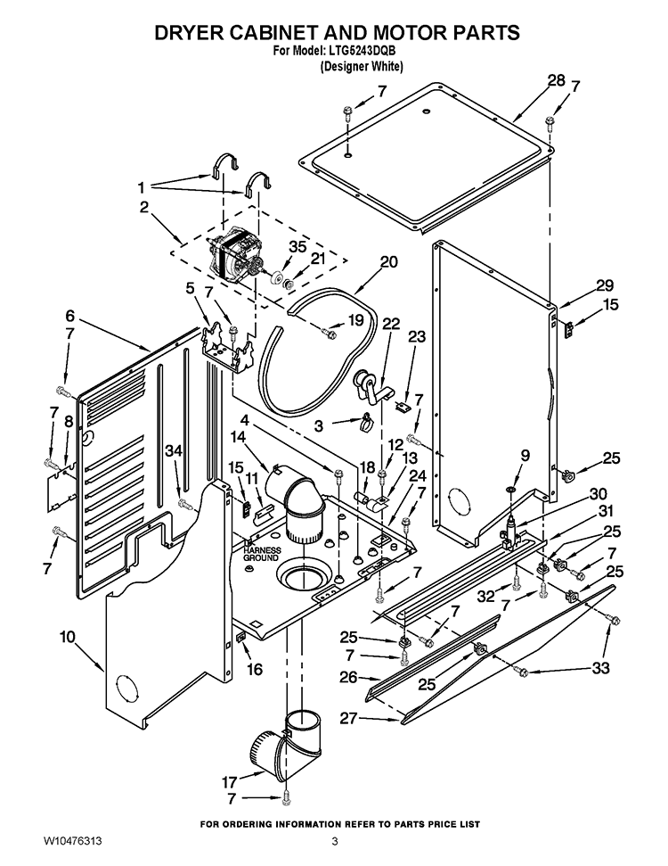 DRYER CABINET AND MOTOR PARTS Diagram and Parts List for LTG5243DQB  Whirlpool Washer Dryer Combo