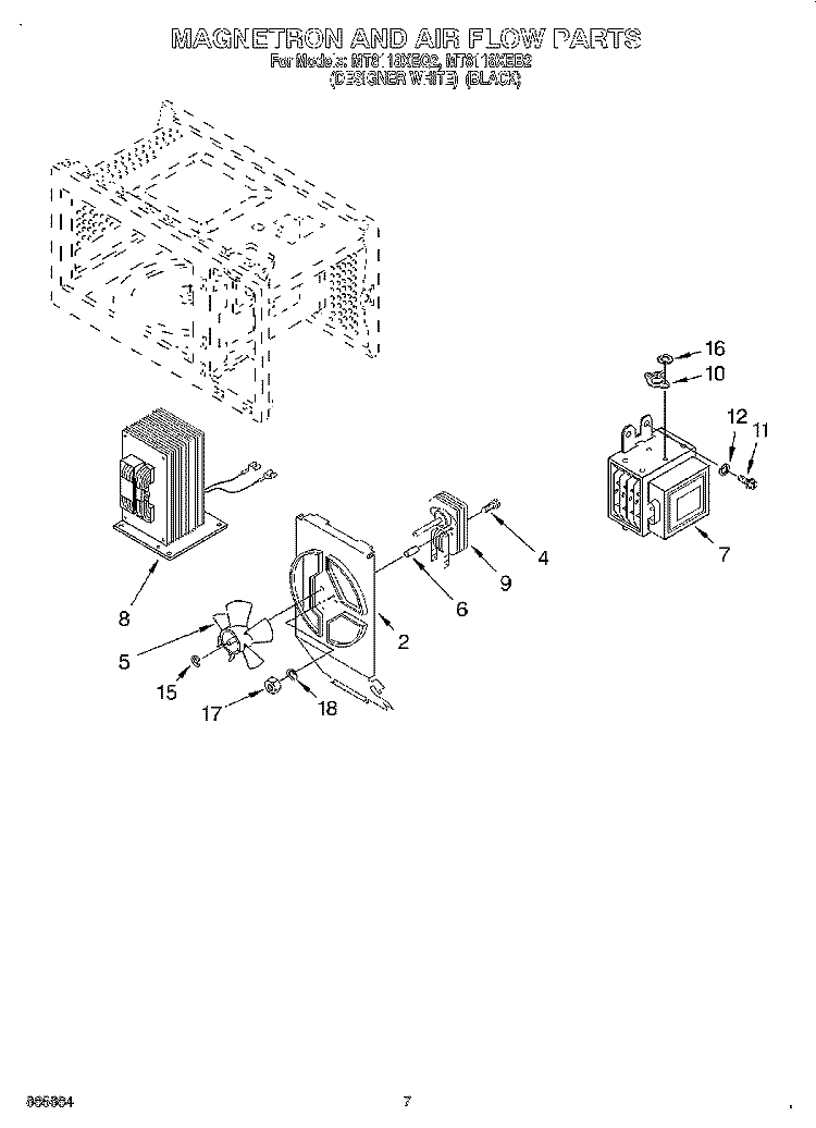 MAGNETRON AND AIRFLOW Diagram and Parts List for MT8118XEB2  Whirlpool Microwave