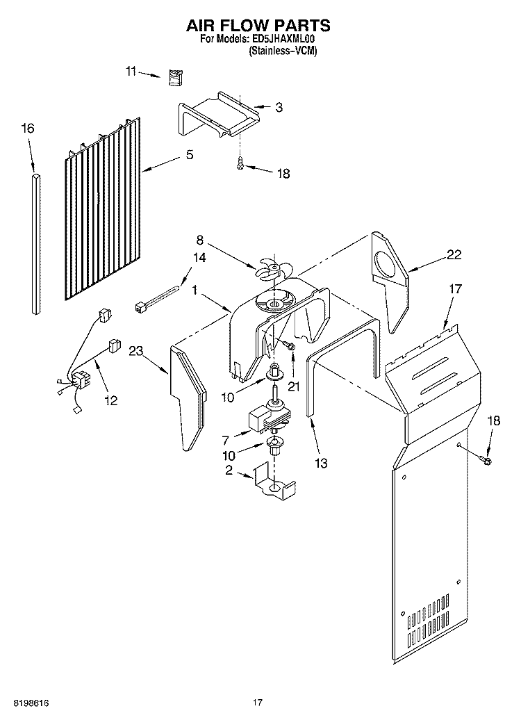 AIR FLOW PARTS Diagram and Parts List for ED5JHAXML00  Whirlpool Refrigerator