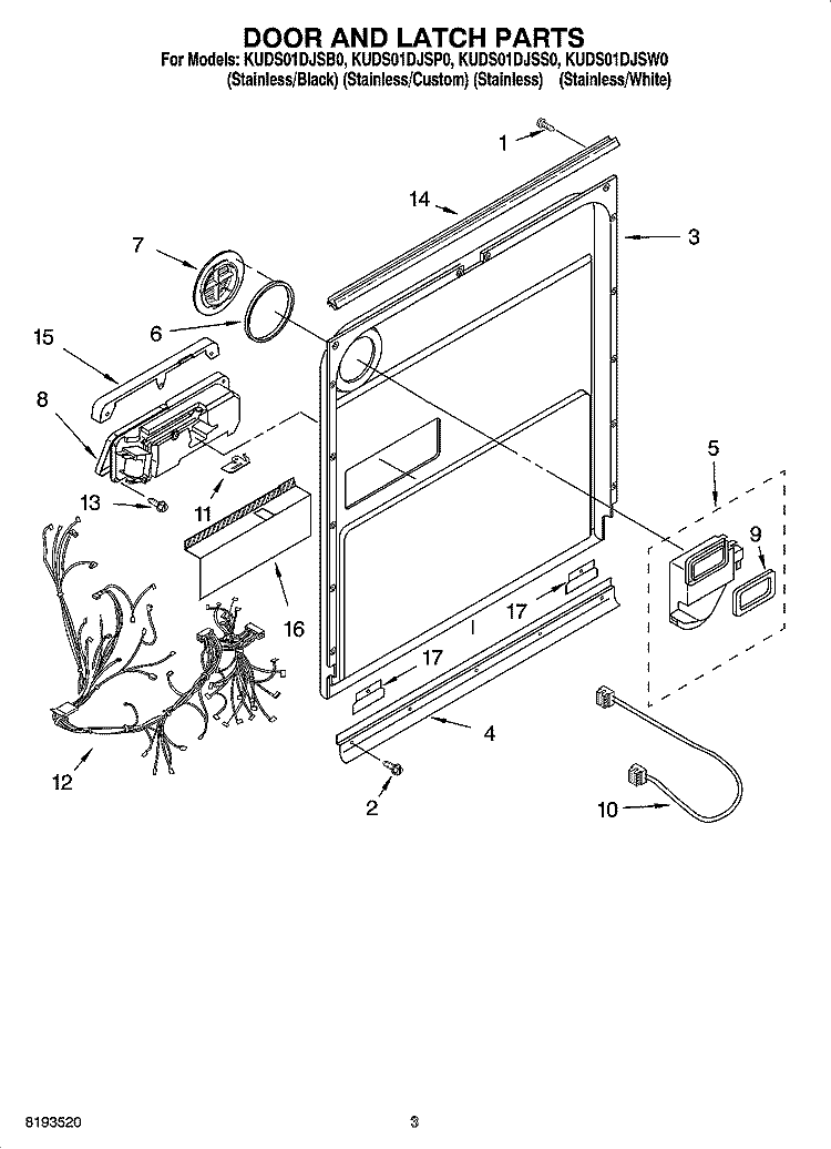 DOOR AND LATCH PARTS Diagram and Parts List for KUDS01DJSP0  KitchenAid Dishwasher