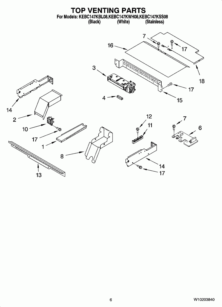 TOP VENTING PARTS, OPTIONAL PARTS Diagram and Parts List for KEBC147KBL08  KitchenAid Wall Oven