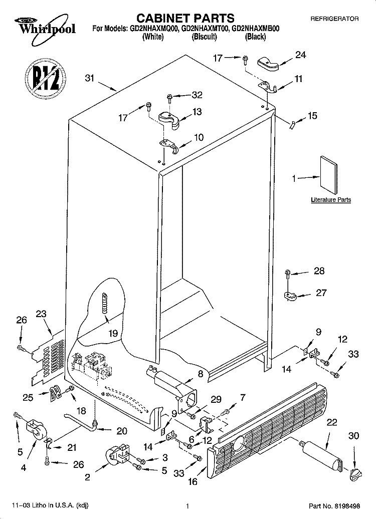 CABINET PARTS Diagram and Parts List for GD2NHAXMQ00  Whirlpool Refrigerator