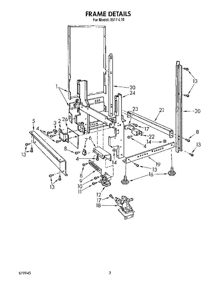 FRAME Diagram and Parts List for 8517L10  Roper Dishwasher