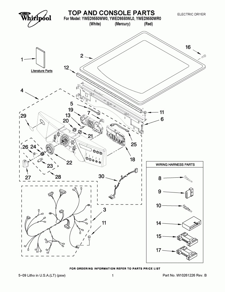 TOP AND CONSOLE PARTS Diagram and Parts List for YWED9550WL0  Whirlpool Dryer