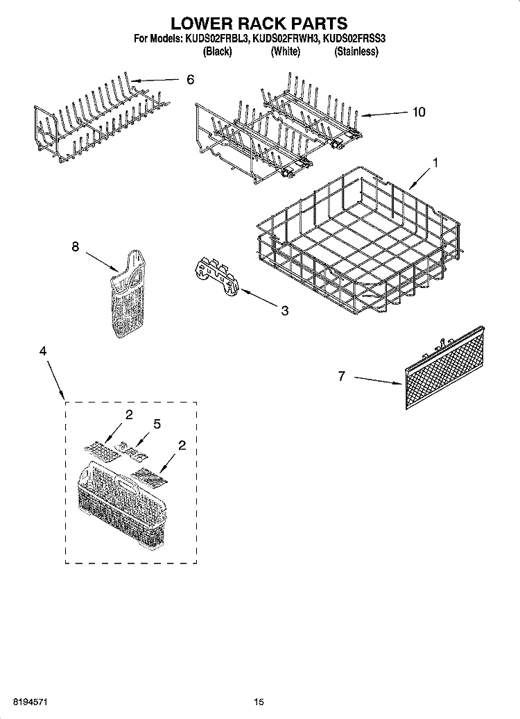 LOWER RACK PARTS, OPTIONAL PARTS (NOT INCLUDED) Diagram and Parts List for KUDS02FRBL3  KitchenAid Dishwasher