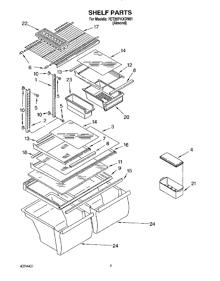 SHELF, LIT/OPTIONAL Diagram and Parts List for 7ET20PKXDN01  Whirlpool Refrigerator