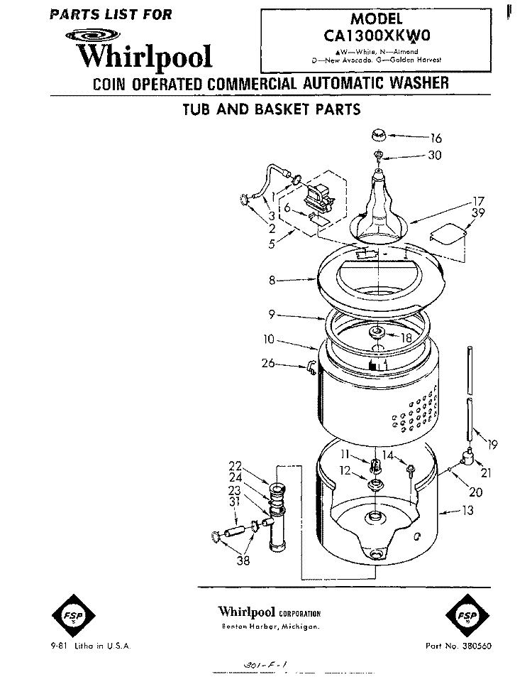 TUB AND BASKET Diagram and Parts List for CA1300XKW0  Whirlpool Washer
