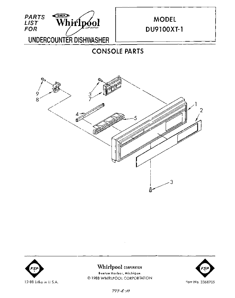 CONSOLE Diagram and Parts List for DU9100XT1  Whirlpool Dishwasher
