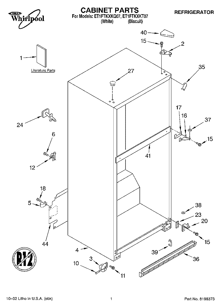 CABINET, LITERATURE Diagram and Parts List for ET1FTKXKQ07  Whirlpool Refrigerator