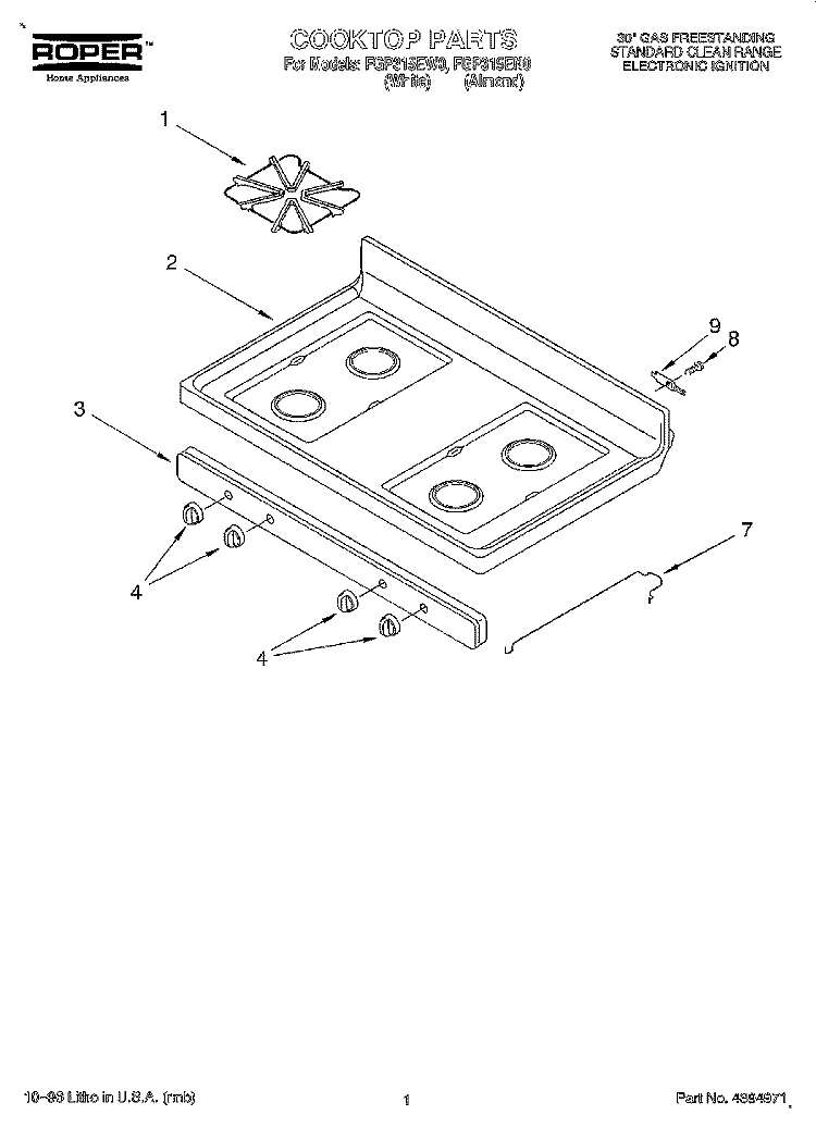 COOKTOP Diagram and Parts List for FGP315EW0  Roper Range