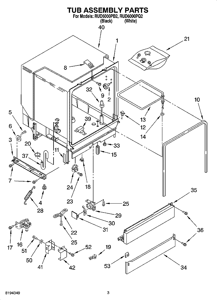 TUB ASSEMBLY PARTS Diagram and Parts List for RUD6000PQ2  Roper Dishwasher