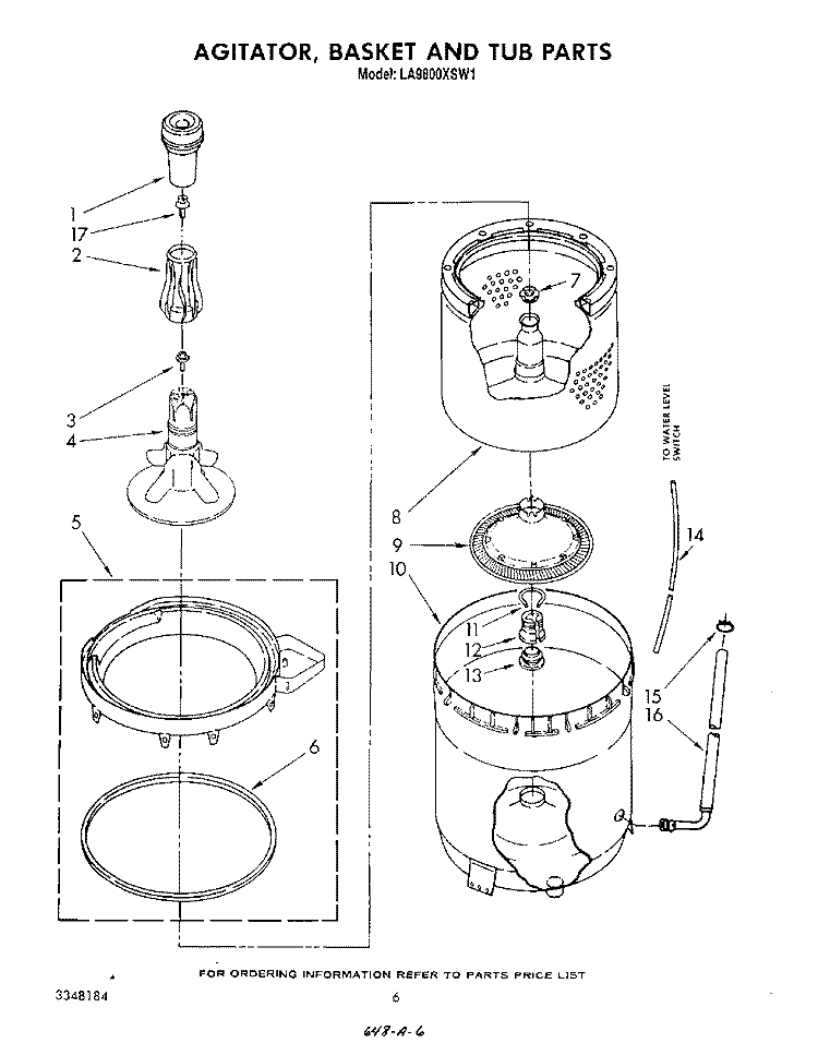 AGITATOR, BASKET AND TUB Diagram and Parts List for LA9800XSW1  Whirlpool Washer