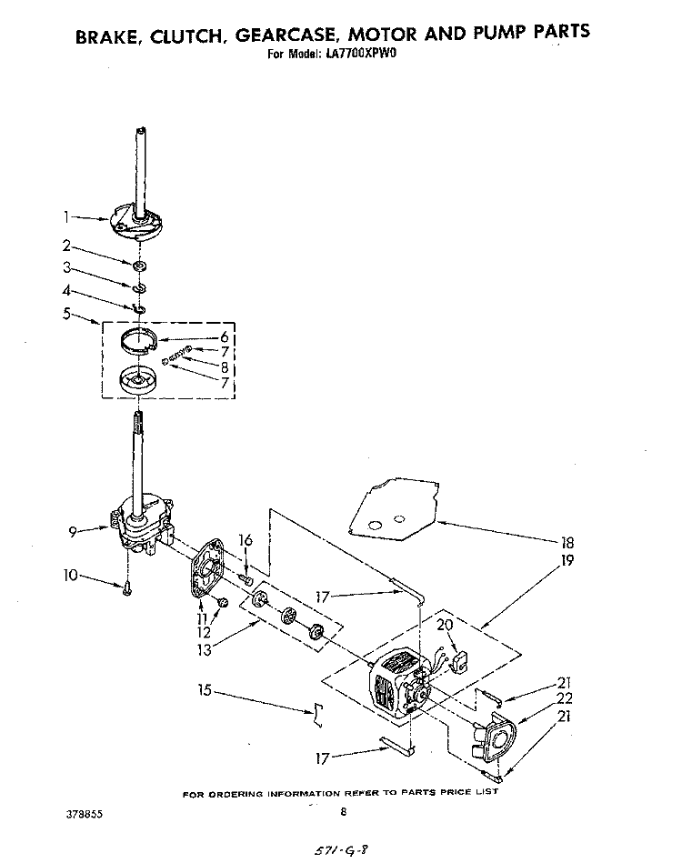 BRAKE, CLUTCH, GEARCASE, MOTOR AND PUMP Diagram and Parts List for LA7700XPW0  Whirlpool Washer