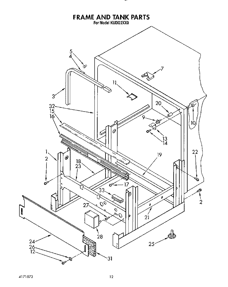 FRAME AND TANK Diagram and Parts List for KUDI22XX0  KitchenAid Dishwasher