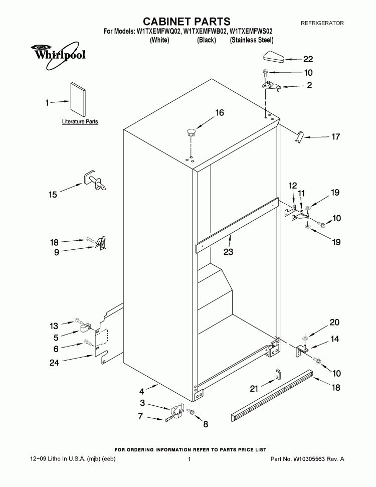 CABINET PARTS Diagram and Parts List for W1TXEMFWB02  Whirlpool Refrigerator