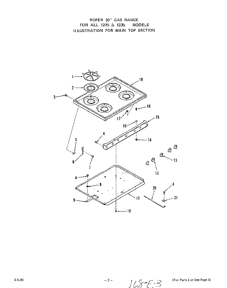 MAIN TOP Diagram and Parts List for 1215W1A  Roper Range