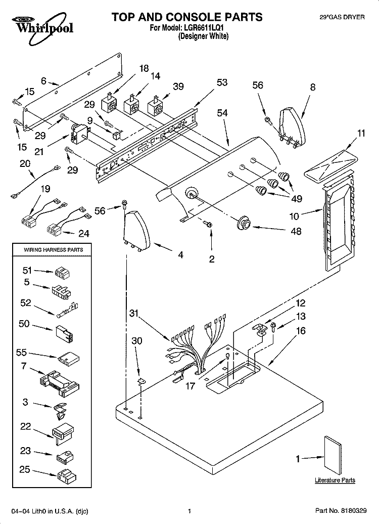 TOP AND CONSOLE PARTS Diagram and Parts List for LGR6611LQ1  Whirlpool Dryer