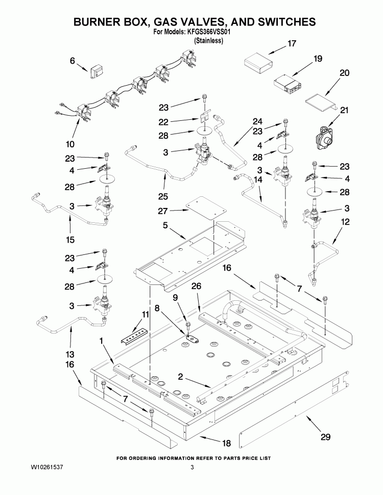 BURNER BOX, GAS VALVES, AND SWITCHES Diagram and Parts List for KFGS366VSS01  KitchenAid Cooktop