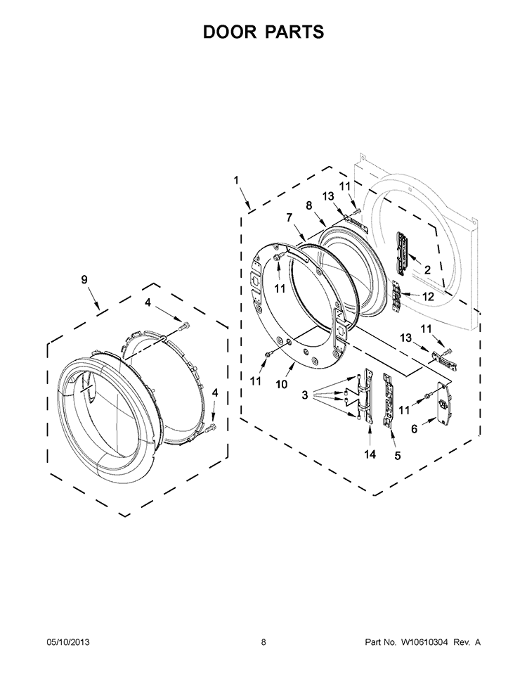 DOOR PARTS Diagram and Parts List for WGD70HEBW1  Whirlpool Dryer
