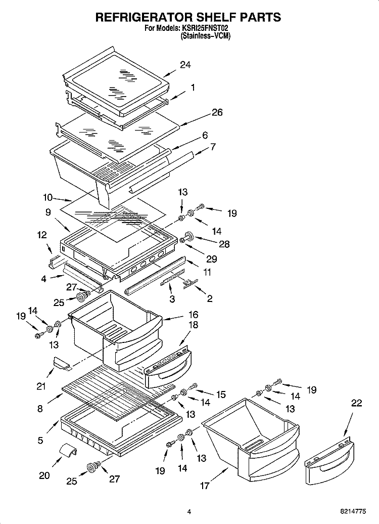 REFRIGERATOR SHELF PARTS Diagram and Parts List for KSRI25FNST02  KitchenAid Refrigerator