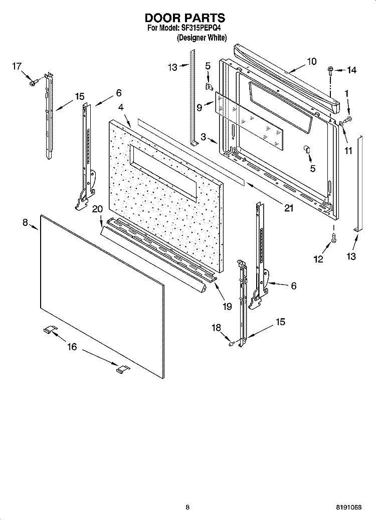 DOOR PARTS, MISCELLANEOUS PARTS Diagram and Parts List for SF315PEPQ4  Whirlpool Range