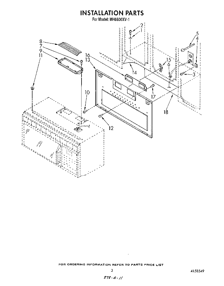 INSTALLATION Diagram and Parts List for MH6600XV1  Whirlpool Microwave