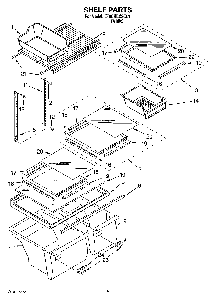 SHELF PARTS Diagram and Parts List for ET8CHEXSQ01  Whirlpool Refrigerator