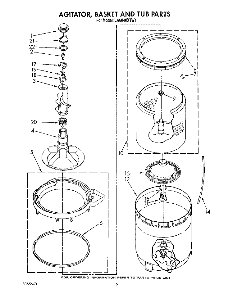 AGITATOR, BASKET AND TUB Diagram and Parts List for LA6040XTF1  Whirlpool Washer