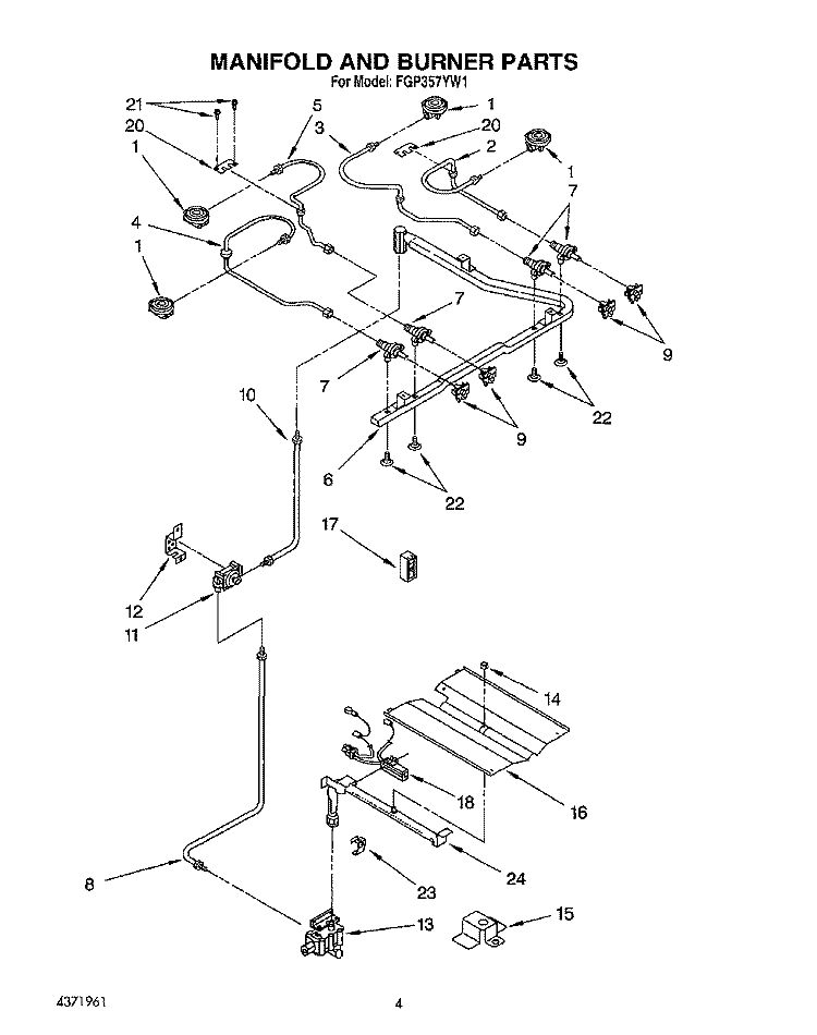 MANIFOLD AND BURNER Diagram and Parts List for FGP357YW1  Roper Range