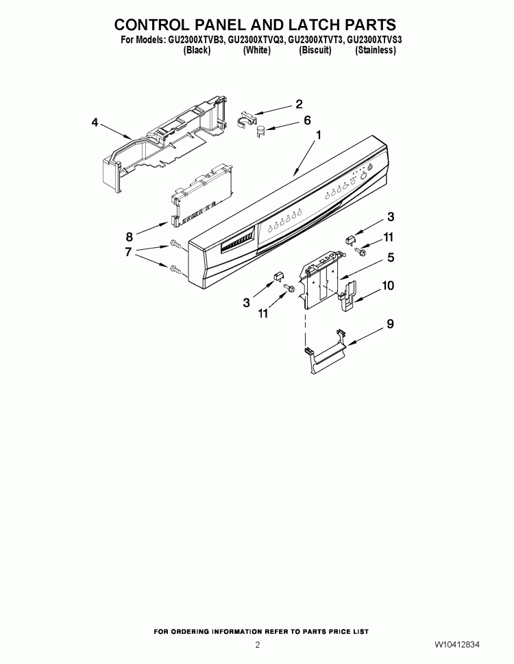 CONTROL PANEL AND LATCH PARTS Diagram and Parts List for GU2300XTVT3  Whirlpool Dishwasher