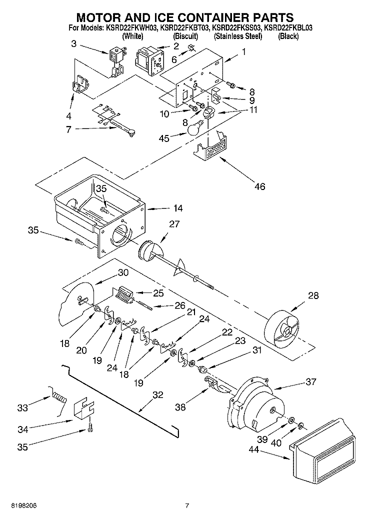 MOTOR AND ICE CONTAINER PARTS Diagram and Parts List for KSRD22FKBL03  KitchenAid Refrigerator
