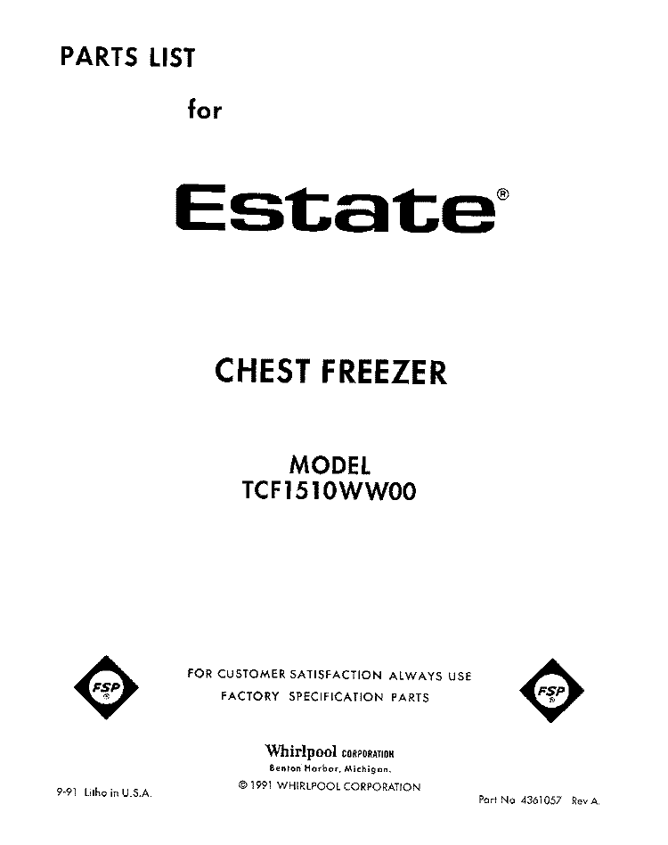 SECTION Diagram and Parts List for TCF1510WW00  Whirlpool Freezer