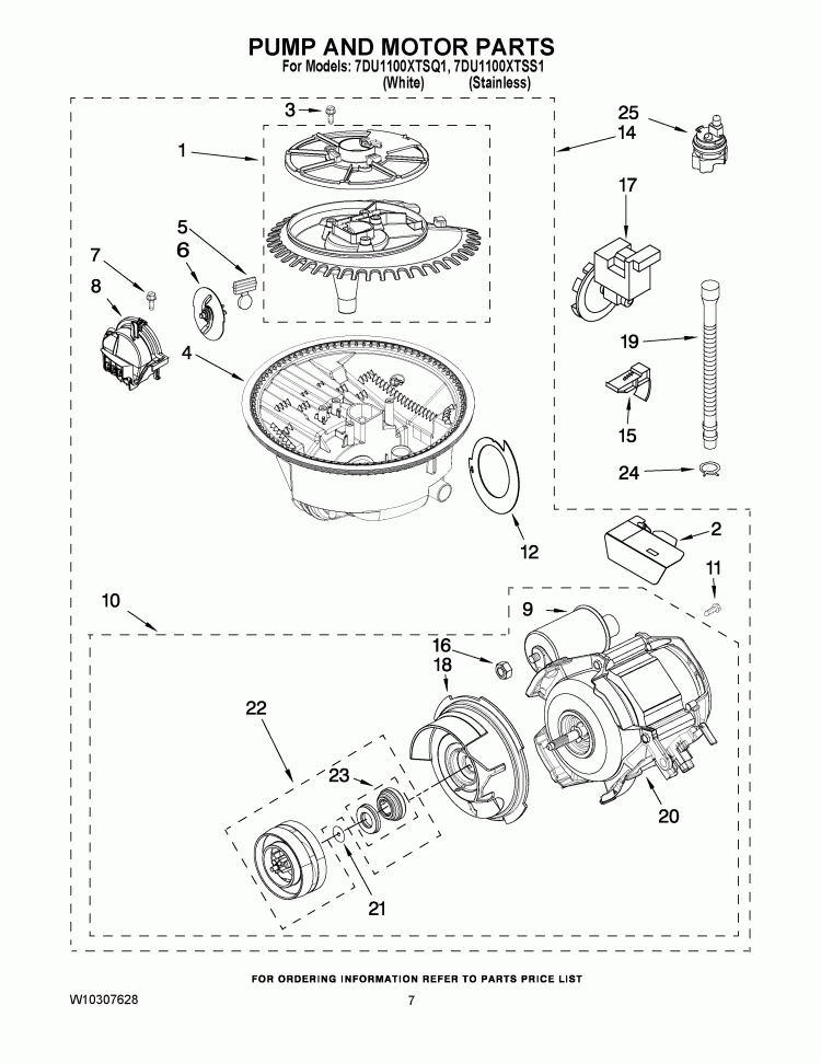 PUMP AND MOTOR PARTS Diagram and Parts List for 7DU1100XTSQ1  Whirlpool Dishwasher